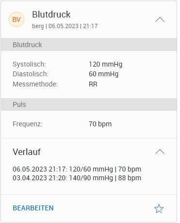 Kontextbereich eines Biometrie-und Vitaldaten Eintrags