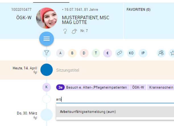 Karteikarteneintrag für Arbeitsunfähigkeitsmeldung
