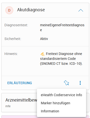 Kontextkarte Freitextdiagnose mit Funktionen Kontextkarte Freitextdiagnose mit Funktionen