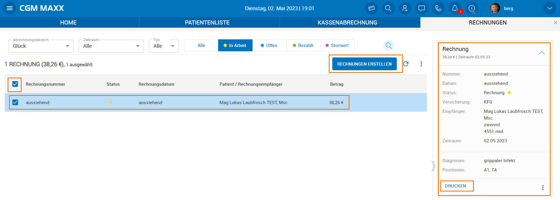 Rechnungserstellung in der Rechnungsliste