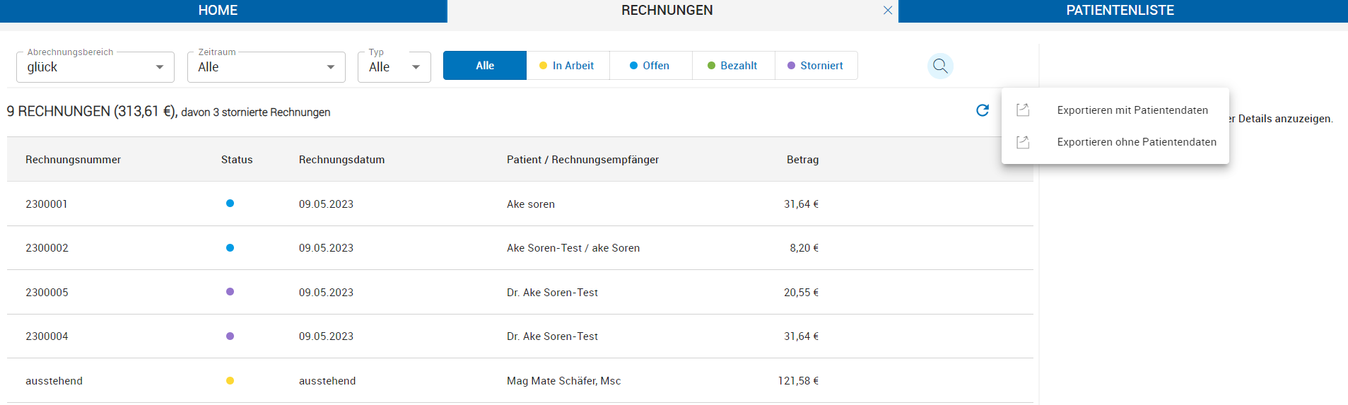 Rechnungsliste exportieren