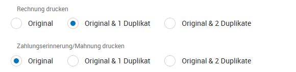 Einstellung zu Druck von Rechnung/Mahnung