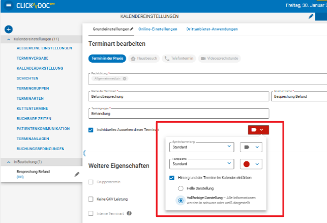 Einstellungen Terminart Vollfarbige Darstellung Einstellungen Terminart Vollfarbige Darstellung