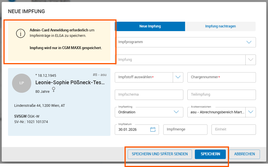 Impfung ohne e-Card-Anmeldung eintragen