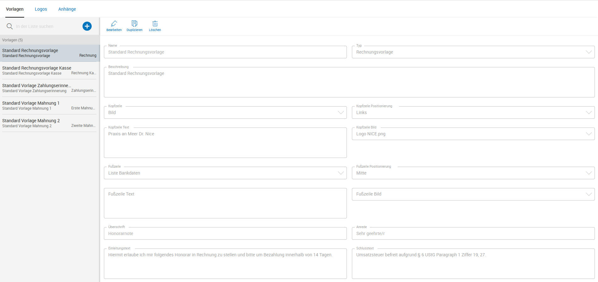 Rechnungsvorlage anlegen