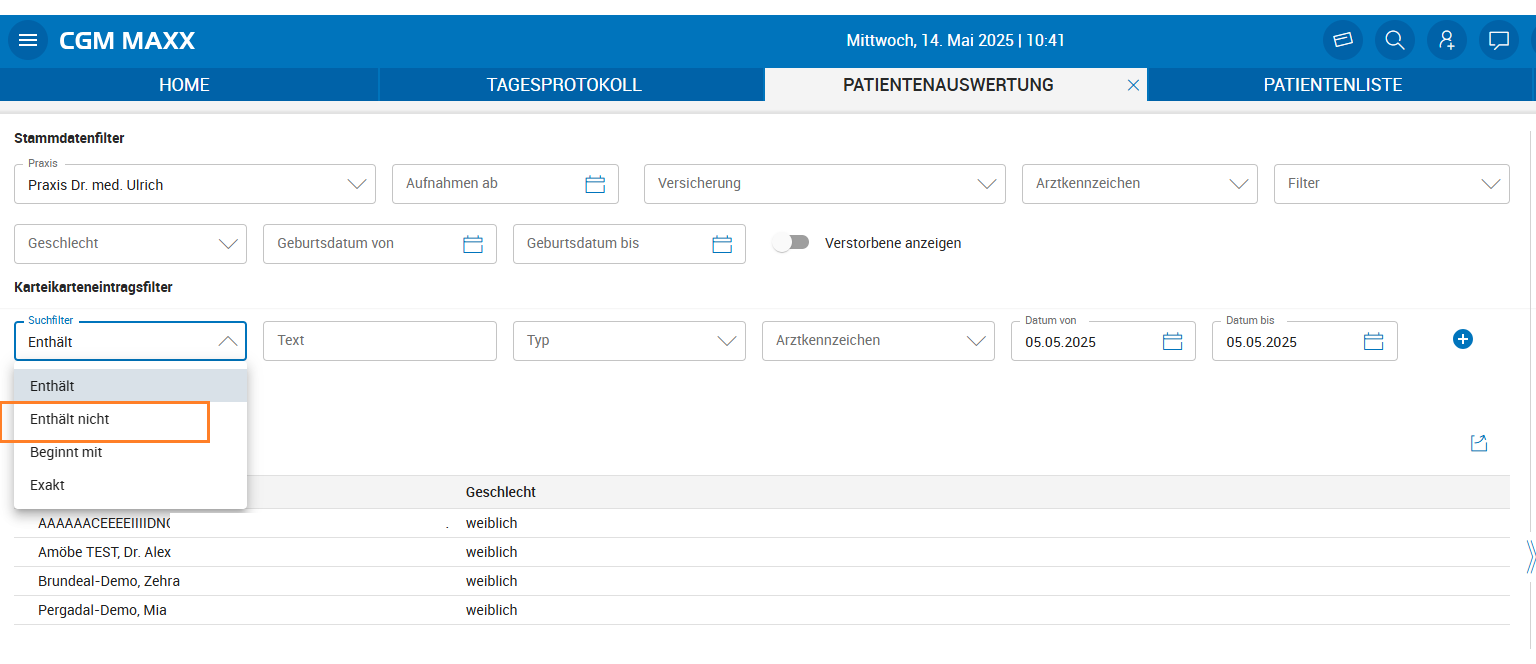 Patientenauswertung - Filter 