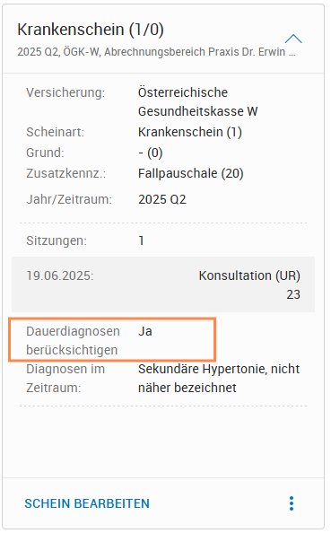 Einstellung zu Dauerdiagnosen auf Honorarnoten