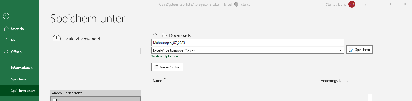 Datei in MS Excel-Format speichern