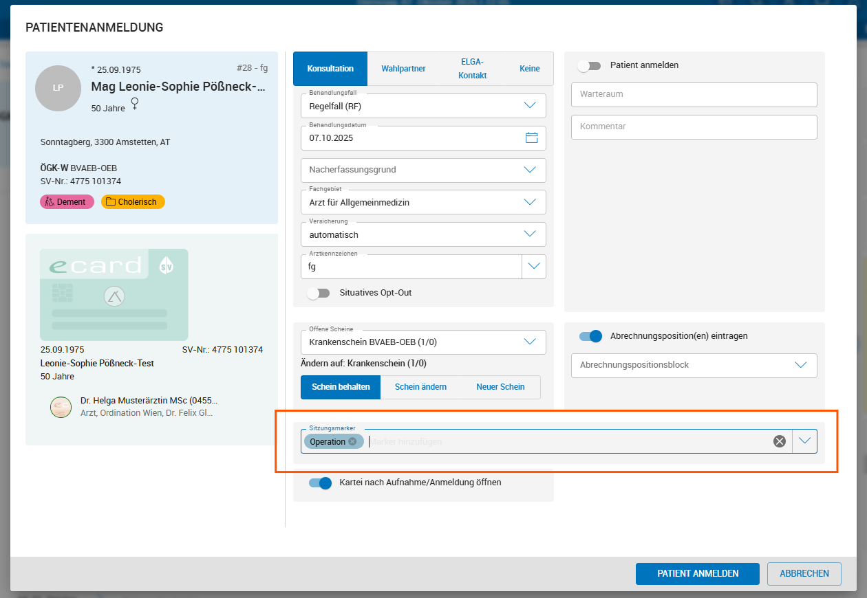 Sitzungsmarker bei e-Card-Anmeldung eintragen / ändern