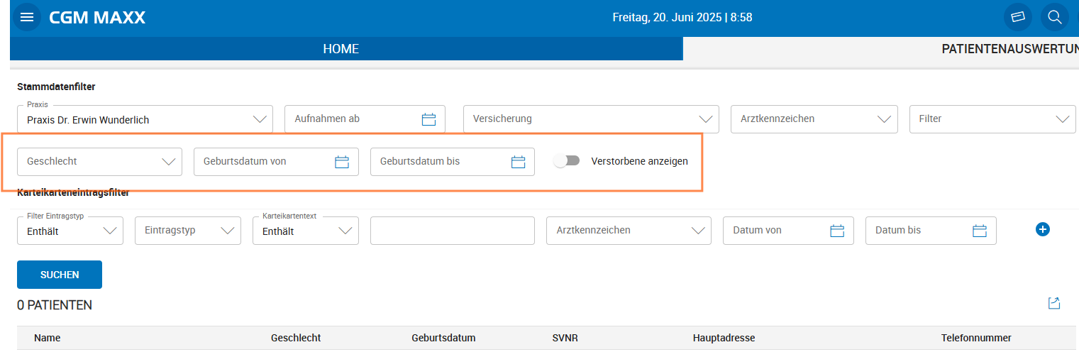 Patientenauswertung - weitere Filterkriterien