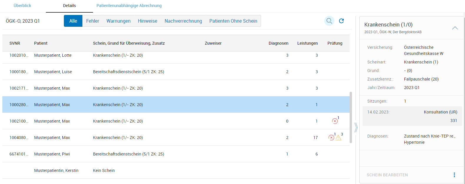 Detailanzeige der Kassenabrechnung