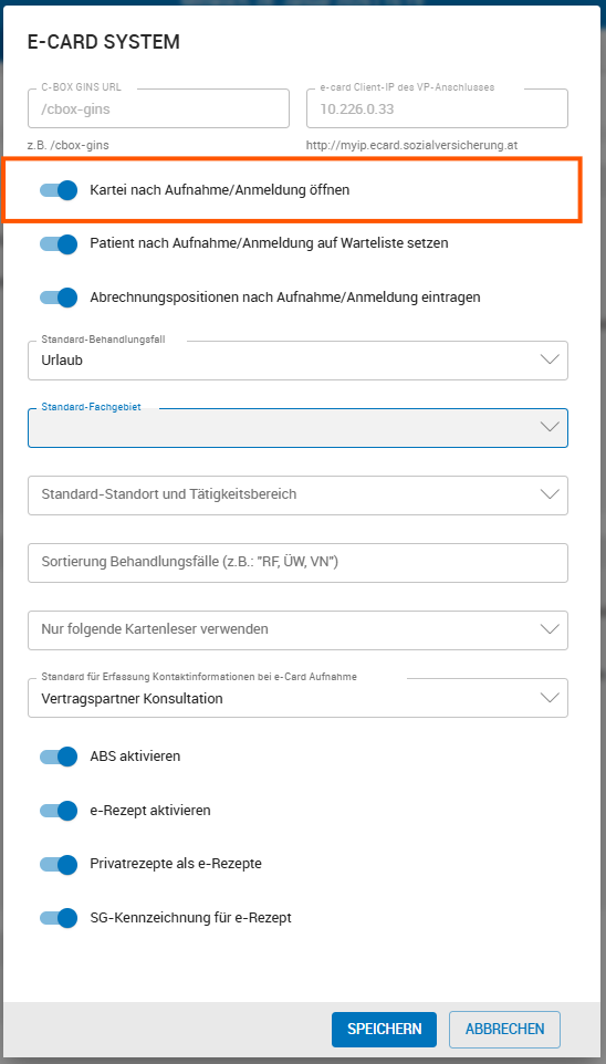 Einstellung ob die Karteikarte des Pateinten nach e-Card Administration geöffnet werden soll Einstellung ob die Karteikarte des Pateinten nach e-Card Administration geöffnet werden soll