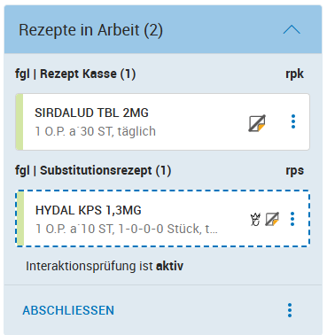 Kontextkarte Rezept in Arbeit 