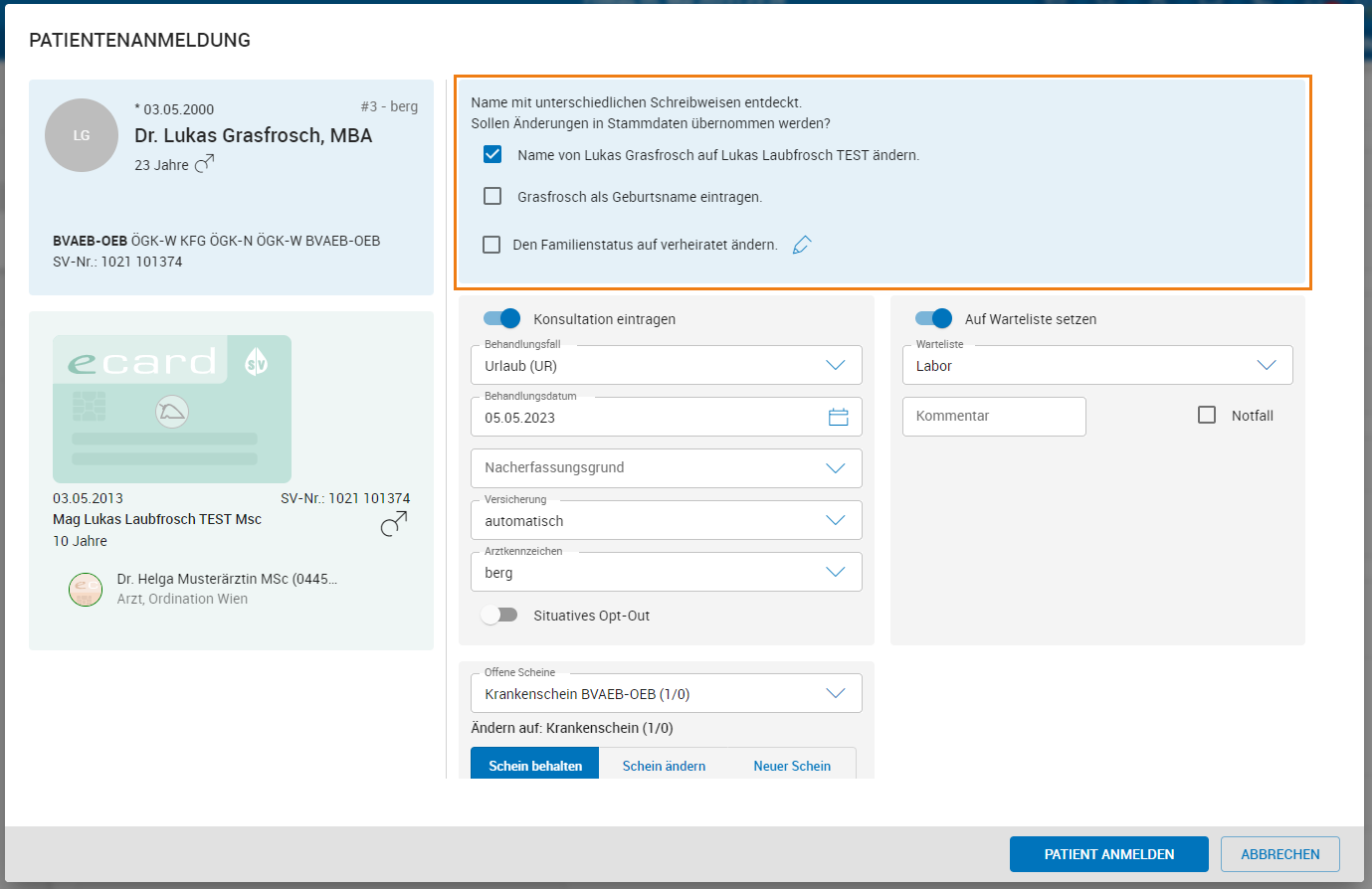 Unterschiedliche Schreibweisen zwischen e-Card System und CGM MAXX