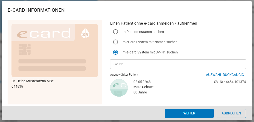 Patient für die Admin-Kartenaufnahme mit SVNR suchen Patient für die Admin-Kartenaufnahme mit SVNR suchen