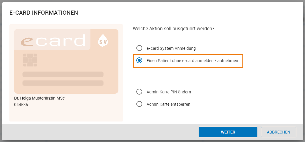 e-card Aktion wählen