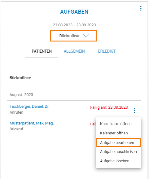 Homescreen - Kachel Aufgaben