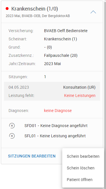 Kontextmenü in der Kassenabrechnung