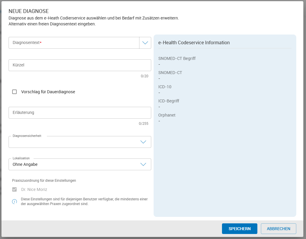 Neue Diagnose anlegen Neue Diagnose anlegen