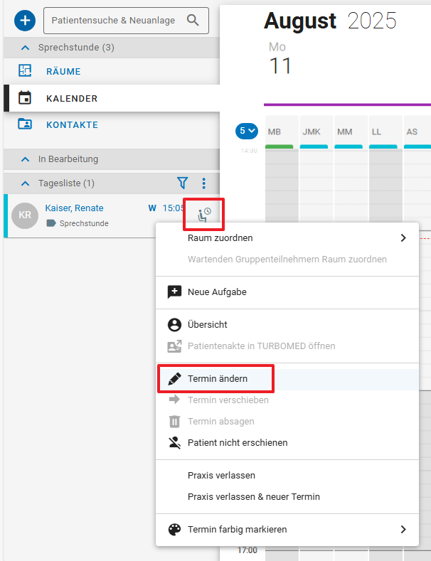 Beispiel Termin ändern Tagesliste