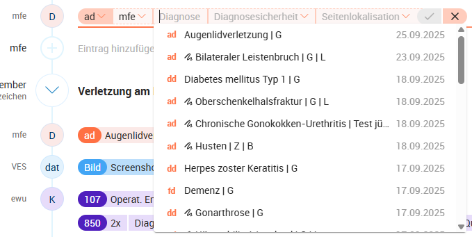 Ergebnisliste zum Patienten dokumentierter Diagnosen Ergebnisliste zum Patienten dokumentierter Diagnosen
