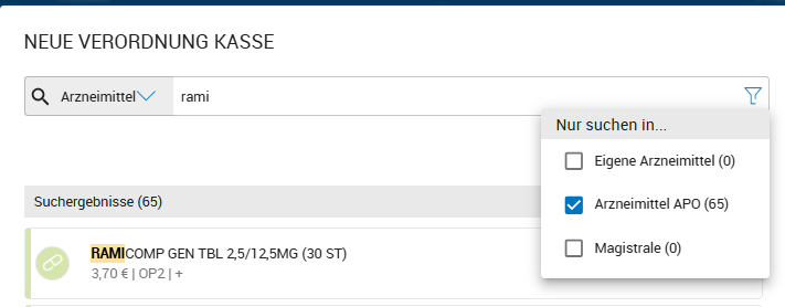 Filter bei Medikamentensuche
