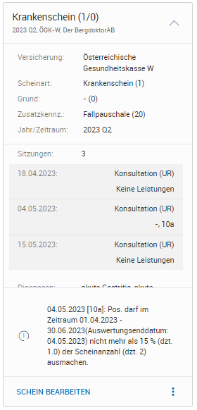 Detailbereich noch nicht abgerechneter Schein in der Kontextkarte