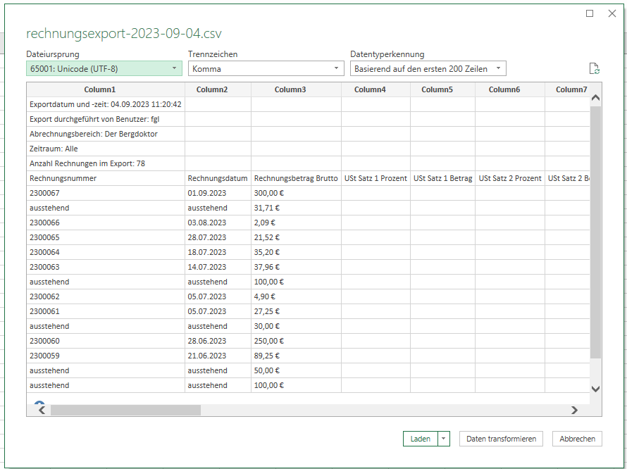 Einstellungen zum Import der CSV Rechnungsliste Einstellungen zum Import der CSV Rechnungsliste