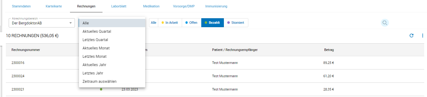 Filter in der Rechnungsübersicht