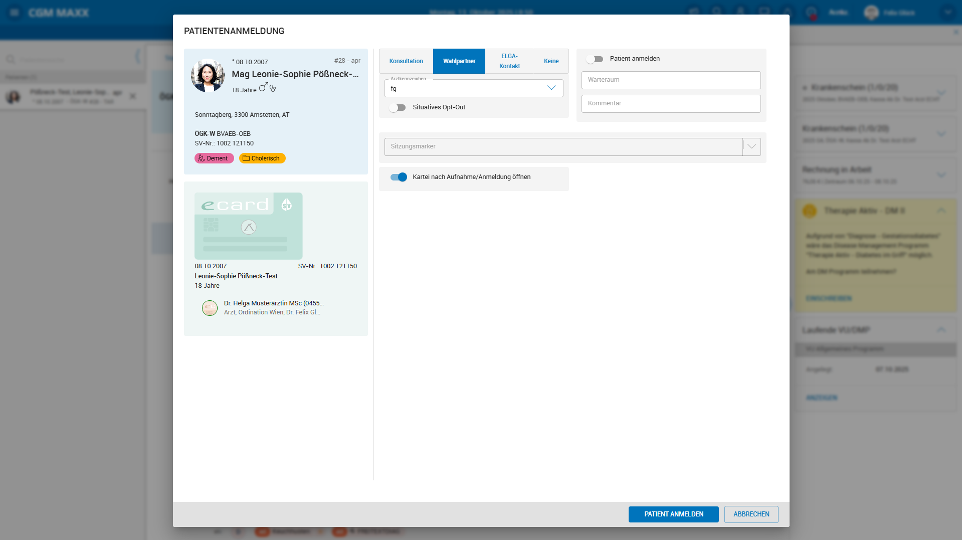 Wahlpartnerkontakt mit Admin-Karte in der Karteikarte erfassen