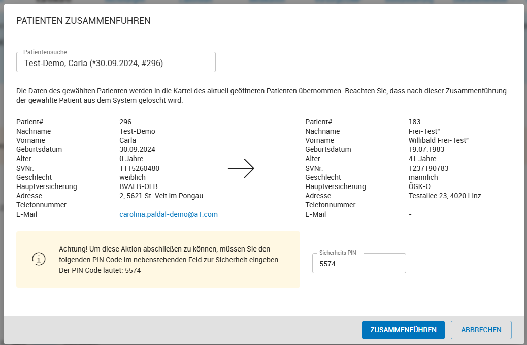 Patienten zusammenführen - Auswahl Patienten zusammenführen - Auswahl