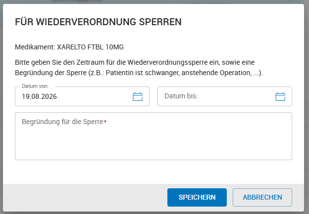 Sperre für Wiederverordnung eintragen Sperre für Wiederverordnung eintragen
