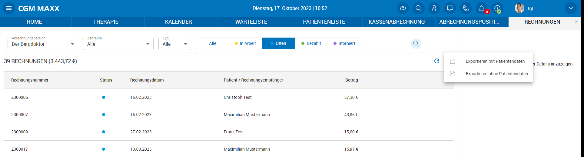 Rechnungsliste in CGM MAXX exportieren