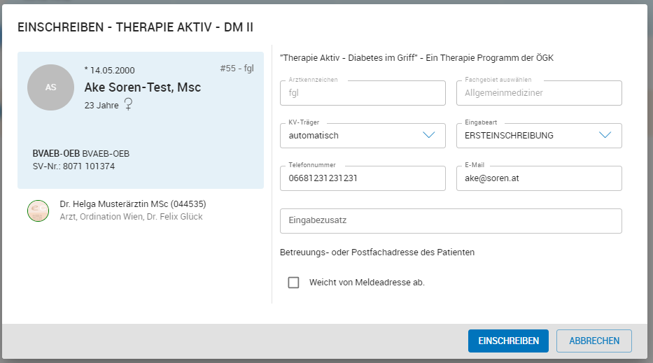 Einschreibemaske für DMP Einschreibemaske für DMP