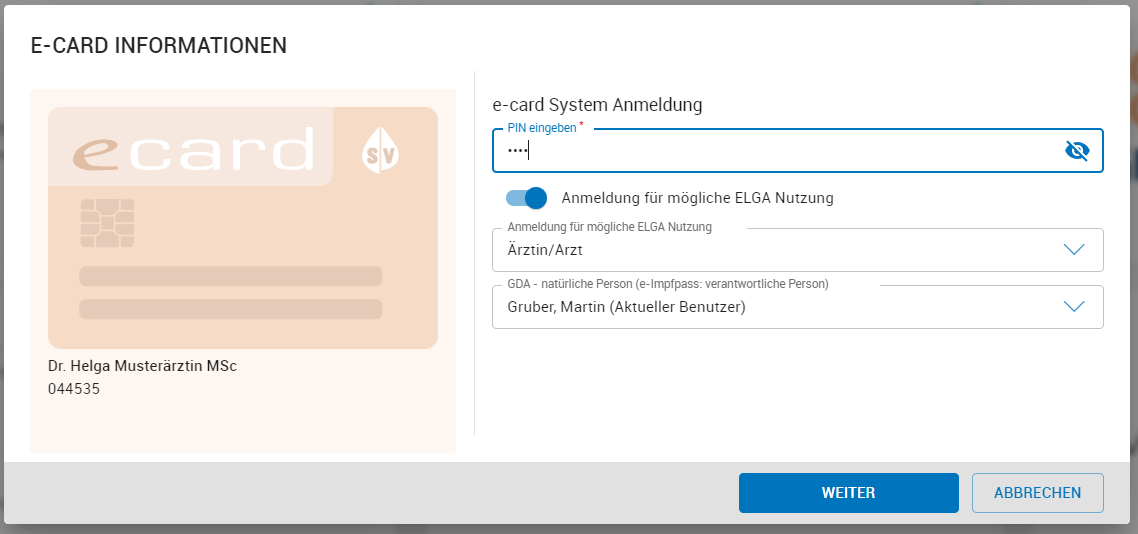 Eingabe von PIN zur Anmeldung am e-card System