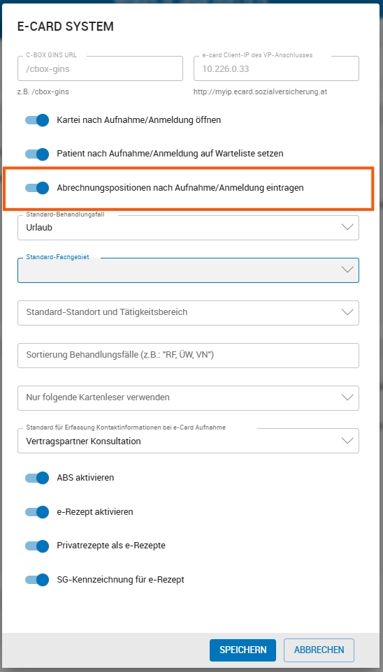 Einstellung ob die Abrechnungspositionen nach e-Card Administration eingetragen werden sollen Einstellung ob die Abrechnungspositionen nach e-Card Administration eingetragen werden sollen