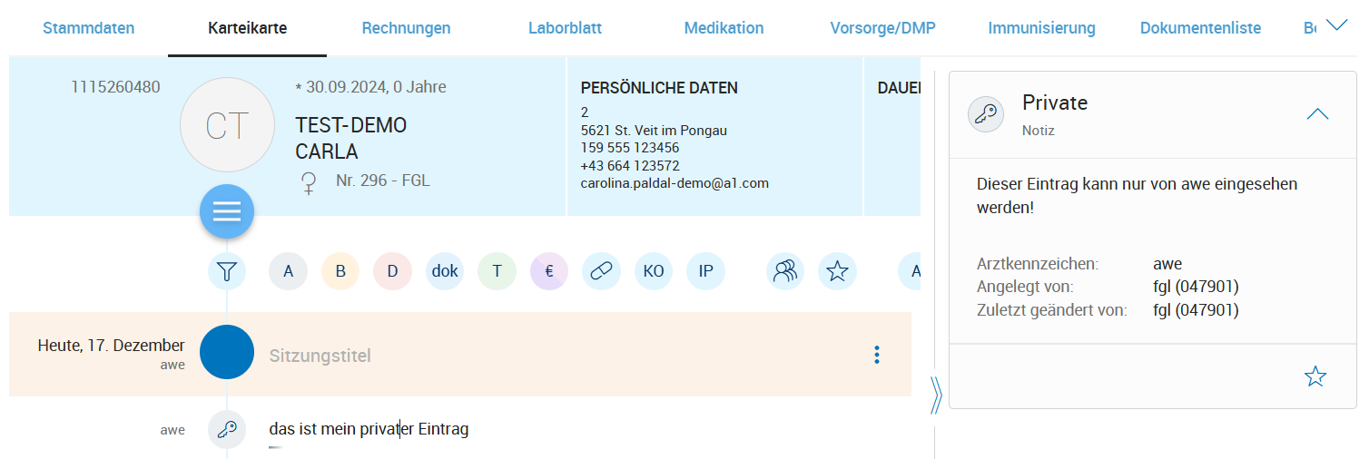 Privater Eintrag in der Karteikarte