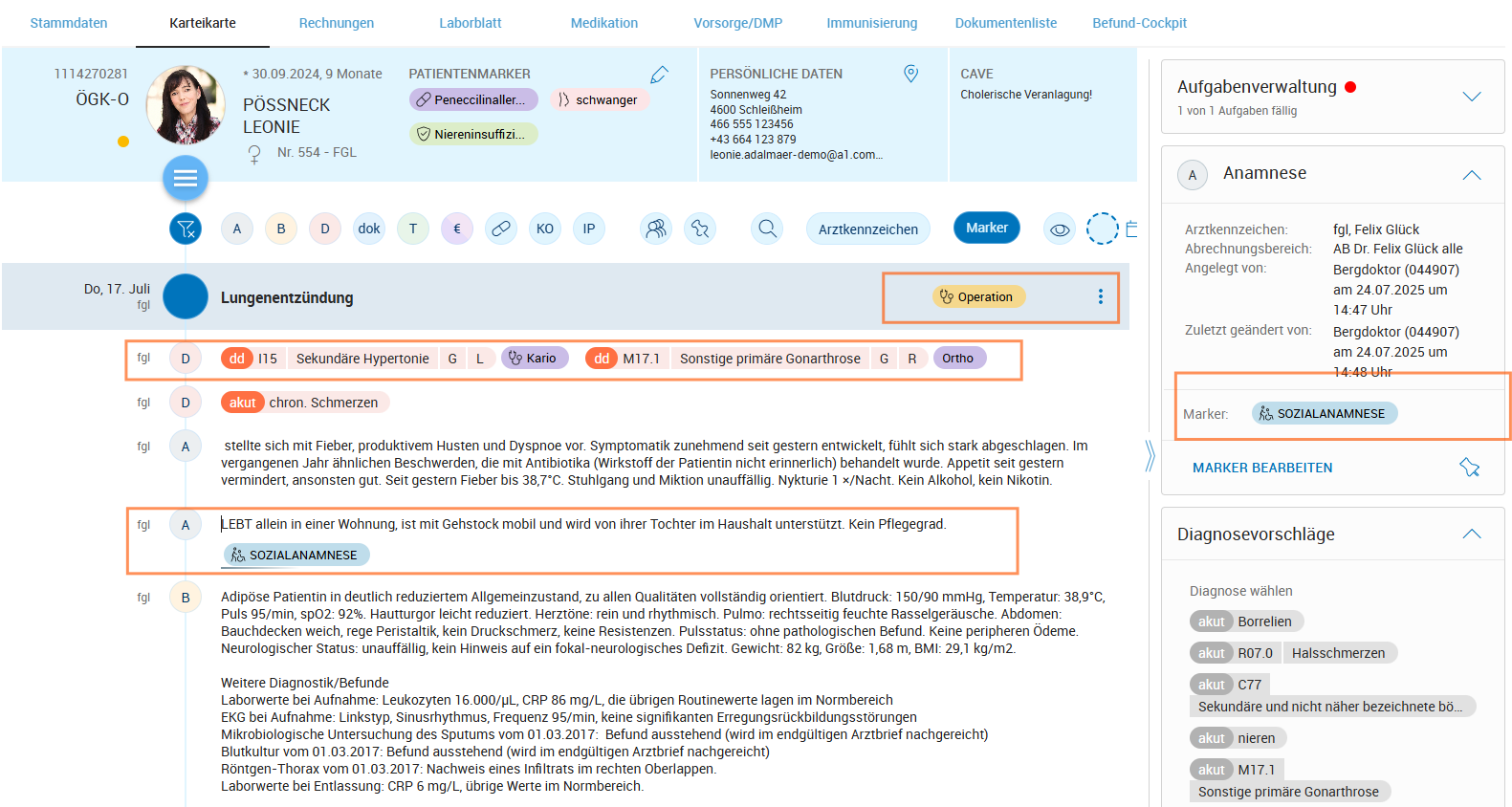 Anzege von Markern in der Karteikarte