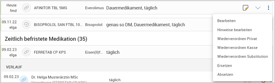 Kontextmenü im Medikationsblatt
