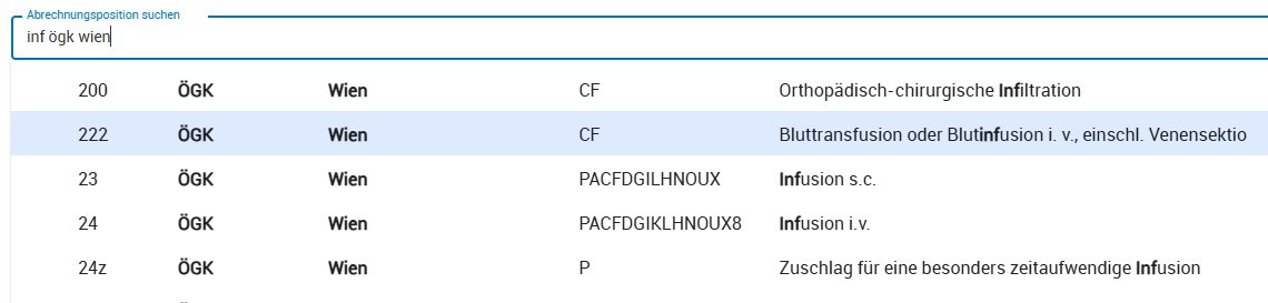 Suche nach Abrechnungspositionen zu Blöcken