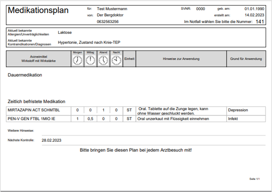 Gedruckter Medikationsplan des Patienten