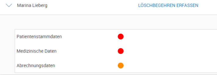 Übersicht der Datenkategorien mit dem Löschstatus bei einem Patienten. Übersicht der Datenkategorien mit dem Löschstatus bei einem Patienten.