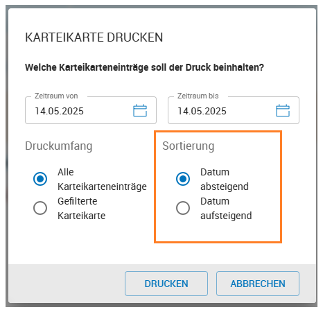 Sortierungmodus für Ausdruck Karteikarte