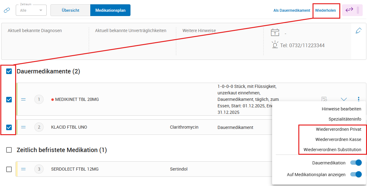 Möglichkeit der Wiederverordnung im Medikationsplan