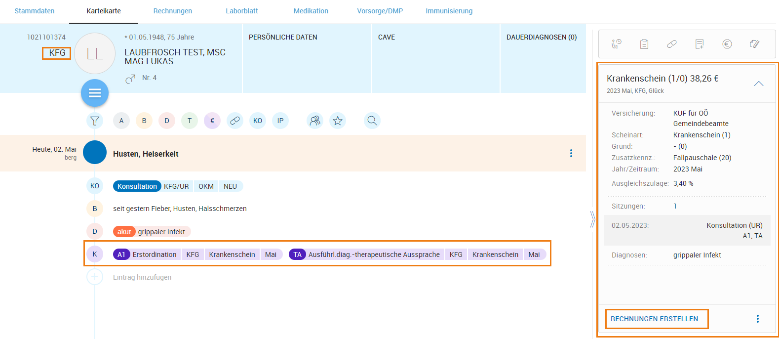 Karteikarte eines Patienten mit Selbstzahlerversicherung Karteikarte eines Patienten mit Selbstzahlerversicherung