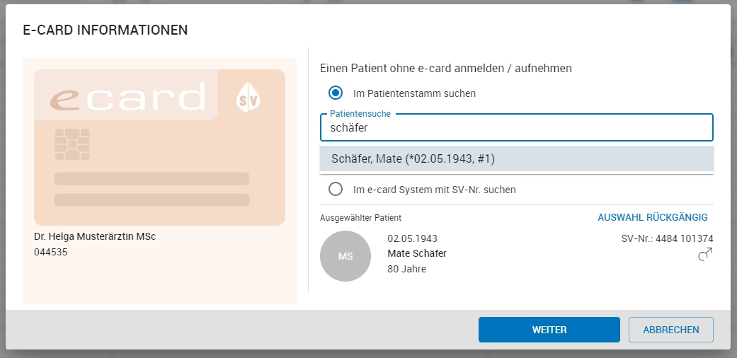 Patient für die Admin-Kartenaufnahme suchen