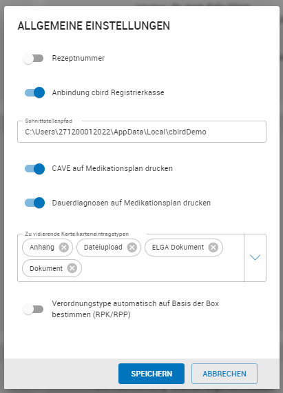 Einstellung zu vidierenden Karteieintragstypen