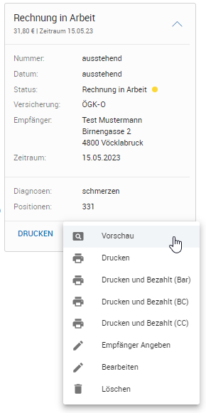 Kontextmenü der Rechnung 