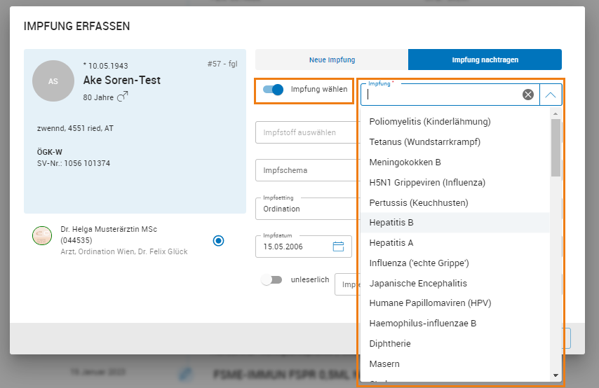 Impfart beim Nachtragen angeben