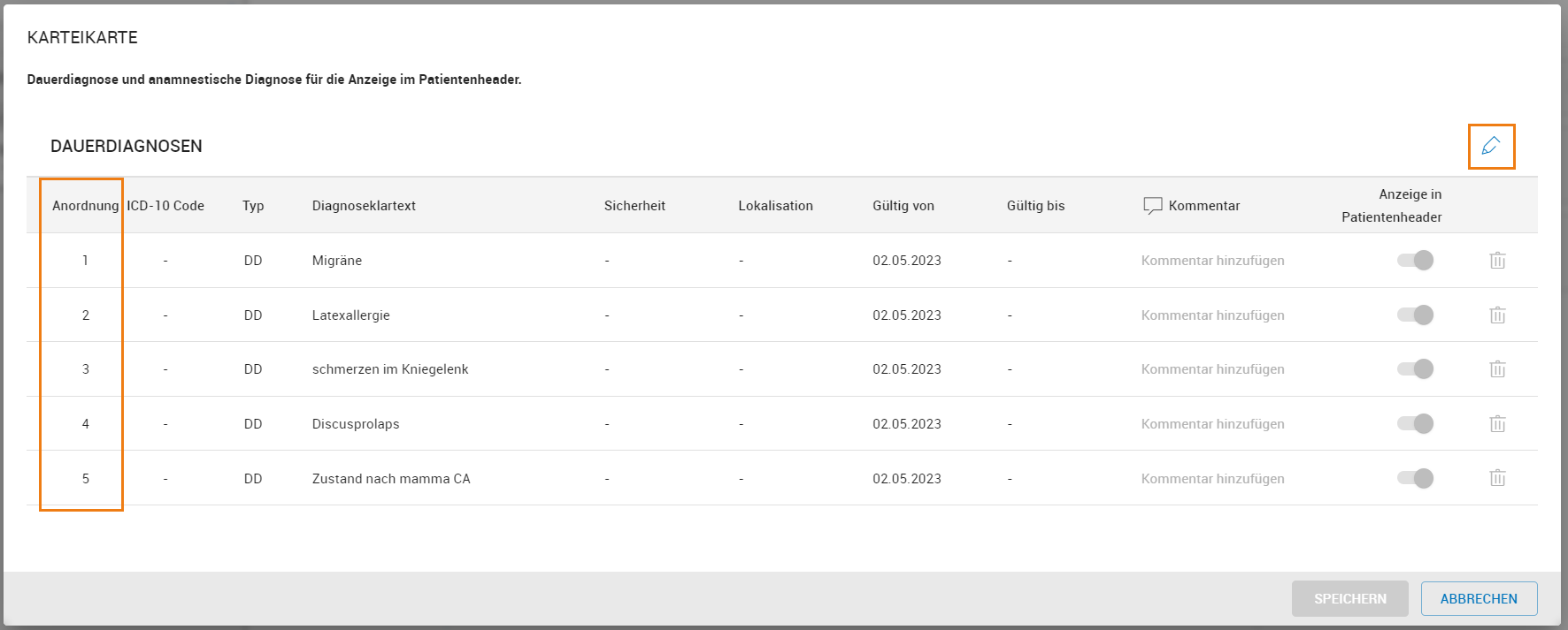 Dauerdiagnosen im Patientenheader reihen Dauerdiagnosen im Patientenheader reihen